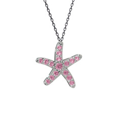 Pembe kuvars 14 ayar beyaz altın kolye (40 cm gümüş rolo zincir)