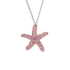 Pembe kuvars 14 ayar rose altın kolye (40 cm beyaz altın rolo zincir)
