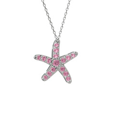 Pembe kuvars 18 ayar beyaz altın kolye (40 cm beyaz altın rolo zincir)