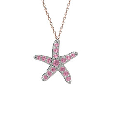 Pembe kuvars 14 ayar beyaz altın kolye (40 cm rose altın rolo zincir)