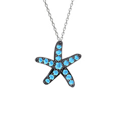 Denizyıldızı Kolye - Akuamarin 925 ayar siyah rodyum kaplama gümüş kolye (40 cm beyaz altın rolo zincir) #67yo2g