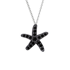 Denizyıldızı Kolye - Siyah zirkon 925 ayar siyah rodyum kaplama gümüş kolye (40 cm gümüş rolo zincir) #6bfkca