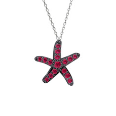 Denizyıldızı Kolye - Rodolit garnet 925 ayar siyah rodyum kaplama gümüş kolye (40 cm beyaz altın rolo zincir) #ymhnlz