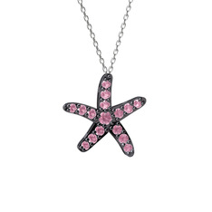 Denizyıldızı Kolye - Pembe kuvars 925 ayar siyah rodyum kaplama gümüş kolye (40 cm beyaz altın rolo zincir) #zevrb1