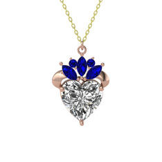 Kraliyet Kalp Kolye - Swarovski ve lab safir 8 ayar rose altın kolye (40 cm altın rolo zincir) #101mjbm