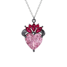 Kraliyet Kalp Kolye - Pembe kuvars ve rodolit garnet 925 ayar siyah rodyum kaplama gümüş kolye (40 cm gümüş rolo zincir) #10huf2q