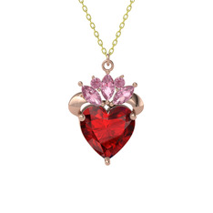 Kraliyet Kalp Kolye - Garnet ve pembe kuvars 18 ayar rose altın kolye (40 cm altın rolo zincir) #10tlvve