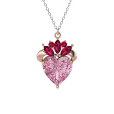 Kraliyet Kalp Kolye - Pembe kuvars ve rodolit garnet 14 ayar rose altın kolye (40 cm beyaz altın rolo zincir) #11c0m03