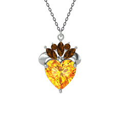 Sitrin ve dumanlı kuvars 8 ayar beyaz altın kolye (40 cm gümüş rolo zincir)