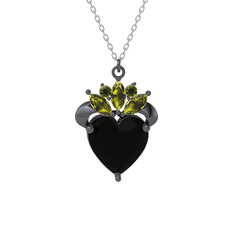 Kraliyet Kalp Kolye - Siyah zirkon ve peridot 925 ayar siyah rodyum kaplama gümüş kolye (40 cm beyaz altın rolo zincir) #129ai12