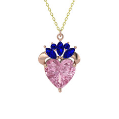 Pembe kuvars ve lab safir 14 ayar rose altın kolye (40 cm altın rolo zincir)