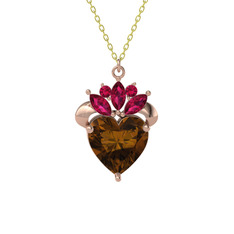 Kraliyet Kalp Kolye - Dumanlı kuvars ve rodolit garnet 18 ayar rose altın kolye (40 cm altın rolo zincir) #13wbxx0