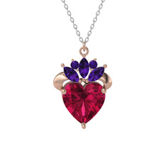 Kraliyet Kalp Kolye - Rodolit garnet ve ametist 925 ayar rose altın kaplama gümüş kolye (40 cm beyaz altın rolo zincir) #146v2zm