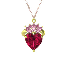 Kraliyet Kalp Kolye - Rodolit garnet ve pembe kuvars 18 ayar altın kolye (40 cm rose altın rolo zincir) #14aiozo