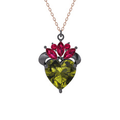 Kraliyet Kalp Kolye - Peridot ve rodolit garnet 925 ayar siyah rodyum kaplama gümüş kolye (40 cm rose altın rolo zincir) #14jxsz4