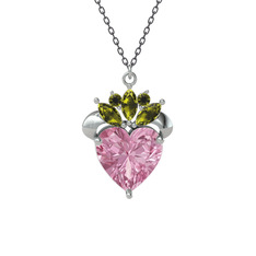 Kraliyet Kalp Kolye - Pembe kuvars ve peridot 8 ayar beyaz altın kolye (40 cm gümüş rolo zincir) #156ifca