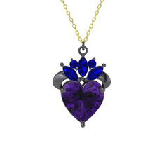 Kraliyet Kalp Kolye - Ametist ve lab safir 925 ayar siyah rodyum kaplama gümüş kolye (40 cm gümüş rolo zincir) #15ehryk