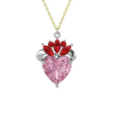 Pembe kuvars ve garnet 18 ayar beyaz altın kolye (40 cm altın rolo zincir)