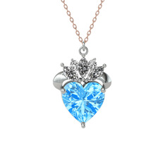 Kraliyet Kalp Kolye - Akuamarin ve beyaz zirkon 8 ayar beyaz altın kolye (40 cm rose altın rolo zincir) #163bhns
