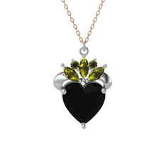Siyah zirkon ve peridot 14 ayar beyaz altın kolye (40 cm rose altın rolo zincir)