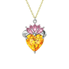 Kraliyet Kalp Kolye - Sitrin ve pembe kuvars 8 ayar beyaz altın kolye (40 cm altın rolo zincir) #174gnhu