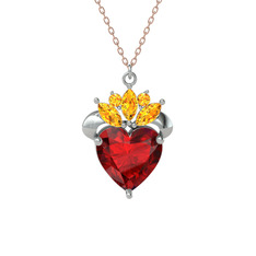 Garnet ve sitrin 18 ayar beyaz altın kolye (40 cm rose altın rolo zincir)