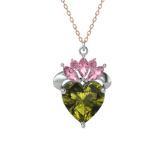 Kraliyet Kalp Kolye - Peridot ve pembe kuvars 18 ayar beyaz altın kolye (40 cm gümüş rolo zincir) #188rooi