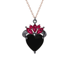 Kraliyet Kalp Kolye - Siyah zirkon ve rodolit garnet 925 ayar siyah rodyum kaplama gümüş kolye (40 cm rose altın rolo zincir) #18kp8sf