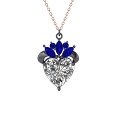 Kraliyet Kalp Kolye - Swarovski ve lab safir 925 ayar siyah rodyum kaplama gümüş kolye (40 cm rose altın rolo zincir) #1955du0