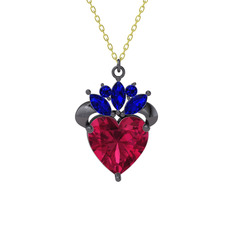 Rodolit garnet ve lab safir 925 ayar siyah rodyum kaplama gümüş kolye (40 cm altın rolo zincir)