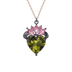 Kraliyet Kalp Kolye - Peridot ve pembe kuvars 925 ayar siyah rodyum kaplama gümüş kolye (40 cm rose altın rolo zincir) #1alicfo