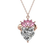 Kraliyet Kalp Kolye - Beyaz zirkon ve pembe kuvars 8 ayar rose altın kolye (40 cm rose altın rolo zincir) #1axb2e2