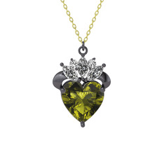 Kraliyet Kalp Kolye - Peridot ve swarovski 925 ayar siyah rodyum kaplama gümüş kolye (40 cm altın rolo zincir) #1az0q58