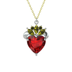 Kraliyet Kalp Kolye - Garnet ve peridot 14 ayar beyaz altın kolye (40 cm gümüş rolo zincir) #1b3d9kt
