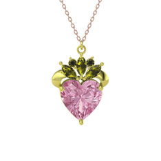 Pembe kuvars ve peridot 14 ayar altın kolye (40 cm rose altın rolo zincir)