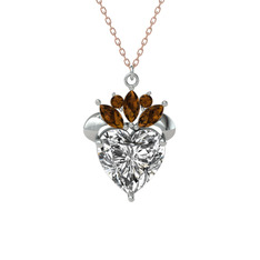 Kraliyet Kalp Kolye - Swarovski ve dumanlı kuvars 14 ayar beyaz altın kolye (40 cm rose altın rolo zincir) #1blgjo9