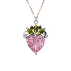 Pembe kuvars ve peridot 14 ayar beyaz altın kolye (40 cm rose altın rolo zincir)