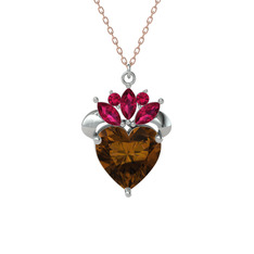 Dumanlı kuvars ve rodolit garnet 14 ayar beyaz altın kolye (40 cm rose altın rolo zincir)