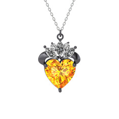 Kraliyet Kalp Kolye - Sitrin ve beyaz zirkon 925 ayar siyah rodyum kaplama gümüş kolye (40 cm beyaz altın rolo zincir) #1c3obsb