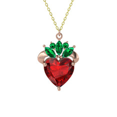Kraliyet Kalp Kolye - Garnet ve yeşil kuvars 8 ayar rose altın kolye (40 cm altın rolo zincir) #1c6g0mc