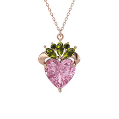 Pembe kuvars ve peridot 14 ayar rose altın kolye (40 cm rose altın rolo zincir)