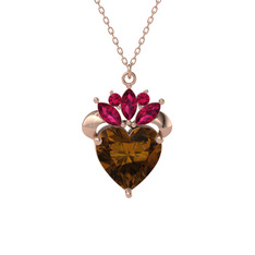 Dumanlı kuvars ve rodolit garnet 14 ayar rose altın kolye (40 cm rose altın rolo zincir)