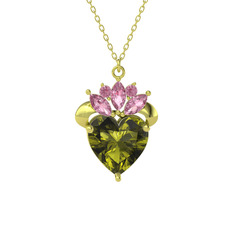 Peridot ve pembe kuvars 8 ayar altın kolye (40 cm altın rolo zincir)
