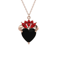 Kraliyet Kalp Kolye - Siyah zirkon ve garnet 8 ayar rose altın kolye (40 cm rose altın rolo zincir) #1d2po14