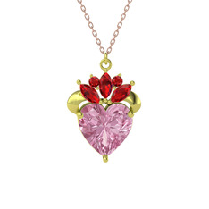 Kraliyet Kalp Kolye - Pembe kuvars ve garnet 18 ayar altın kolye (40 cm rose altın rolo zincir) #1evza6e