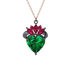 Kraliyet Kalp Kolye - Yeşil kuvars ve rodolit garnet 925 ayar siyah rodyum kaplama gümüş kolye (40 cm rose altın rolo zincir) #1ezzjvb