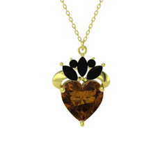 Kraliyet Kalp Kolye - Dumanlı kuvars ve siyah zirkon 18 ayar altın kolye (40 cm altın rolo zincir) #1g2ed9e
