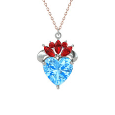 Akuamarin ve garnet 14 ayar beyaz altın kolye (40 cm rose altın rolo zincir)