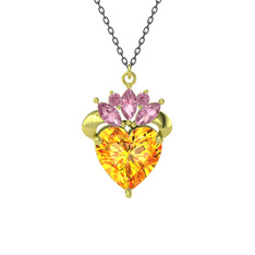 Sitrin ve pembe kuvars 925 ayar altın kaplama gümüş kolye (40 cm gümüş rolo zincir)