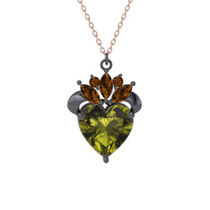 Peridot ve dumanlı kuvars 925 ayar siyah rodyum kaplama gümüş kolye (40 cm rose altın rolo zincir)